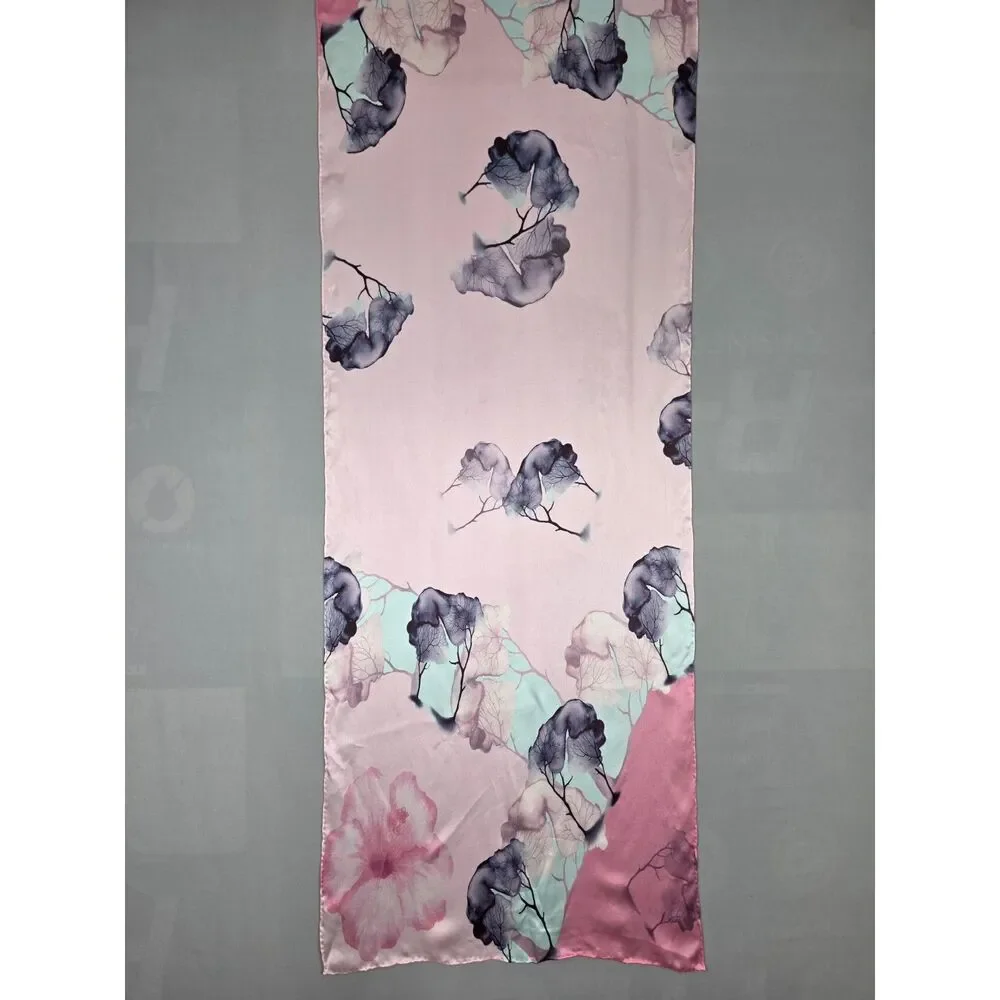 Chinese Silk Scarf Pink Hand Sewn Edges Floral blossom 20.5 x 66 Quiet Luxury